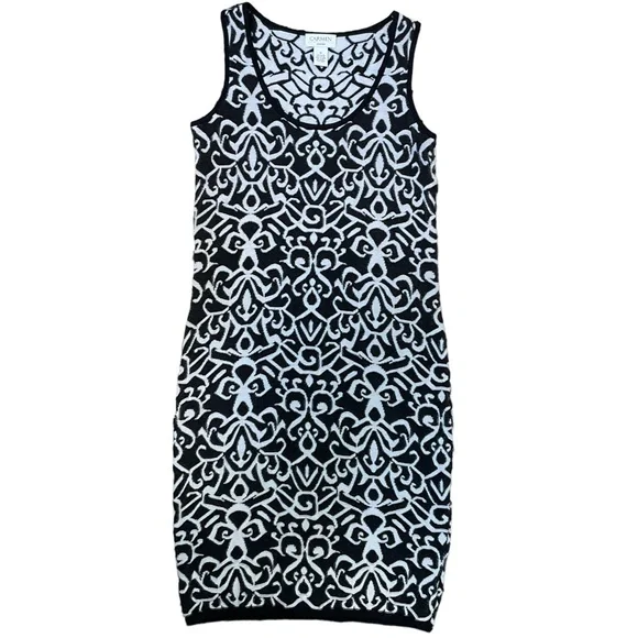 Carmen Marc Valvo Knit Dress Black + Ivory Body-con Jacquard/Damask Prin… - Picture 4 of 13